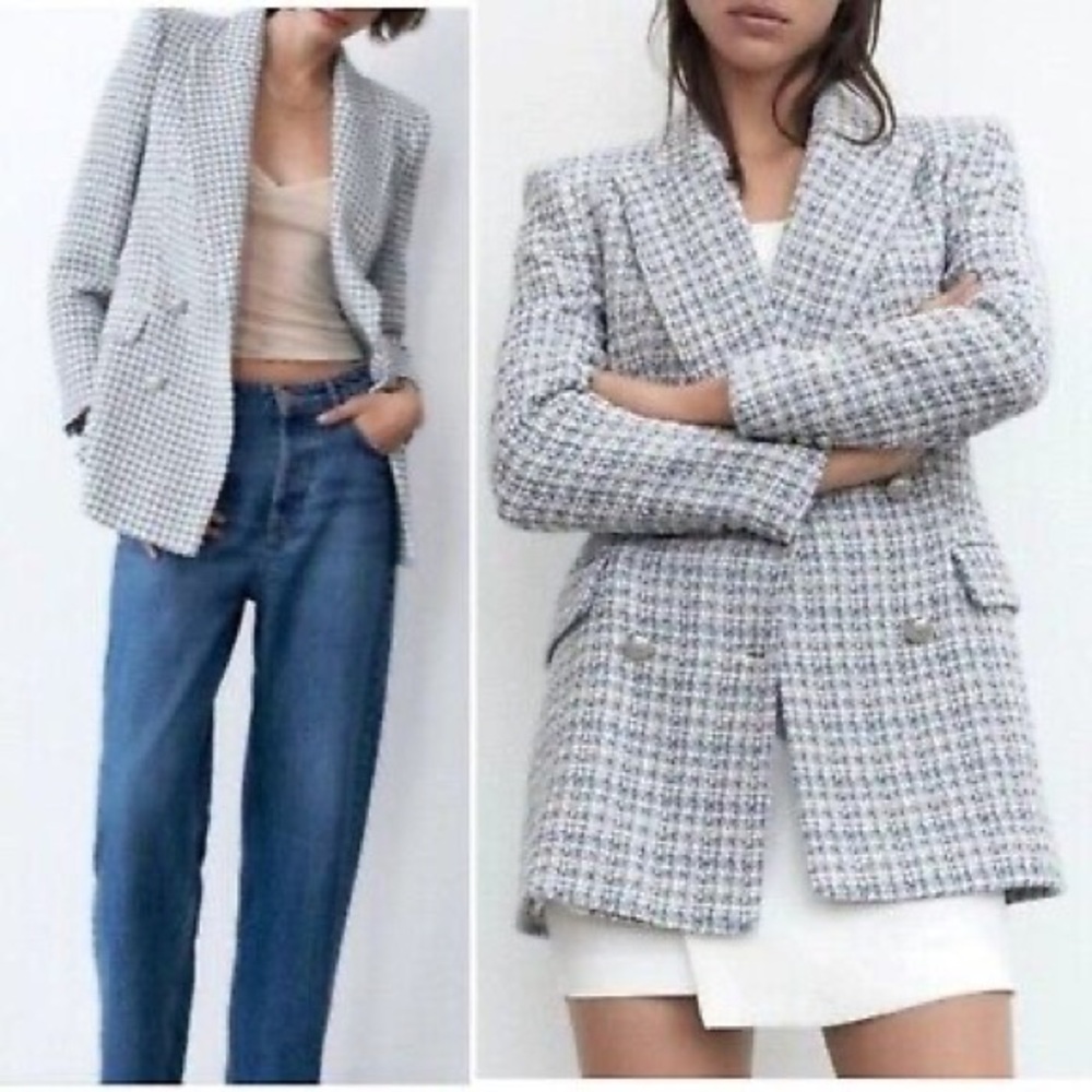 Zara Blue and White Blazer Elegant Suit Jacket